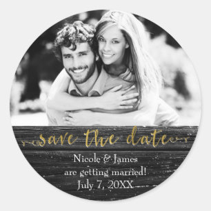 Schwarzes Holz SAVE THE DATE Glam Rustic Hochzeits Runder Aufkleber