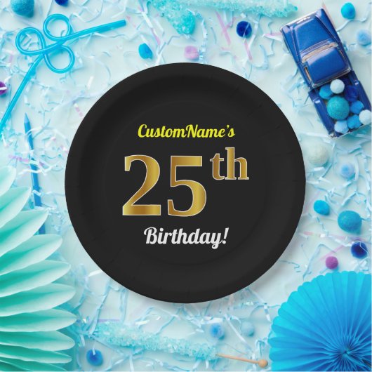 Schwarzes, Imitat-Gold25. Geburtstag + Pappteller (Party)