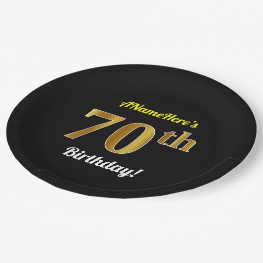 Schwarzes, Imitat-Gold70. Geburtstag + Pappteller (Schrägansicht)