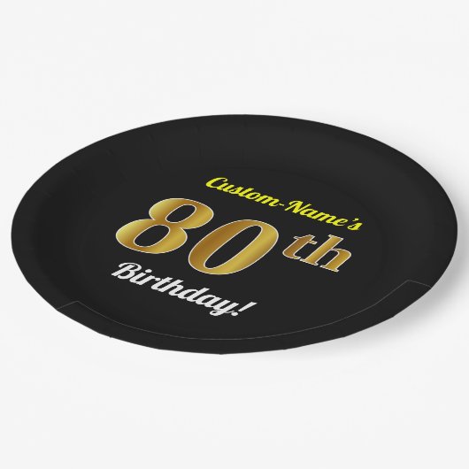 Schwarzes, Imitat-Gold80. Geburtstag + Pappteller (Schrägansicht)