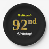 Schwarzes, Imitat-Gold92. Geburtstag + Pappteller (Vorderseite)