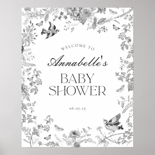 Schwarzes Jouy-Blumen-Babyshower-Willkommensschild Poster (Vorne)