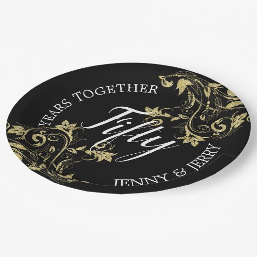 Schwarzes Jubiläumspapier mit goldenen Blume Pappteller (Schrägansicht)