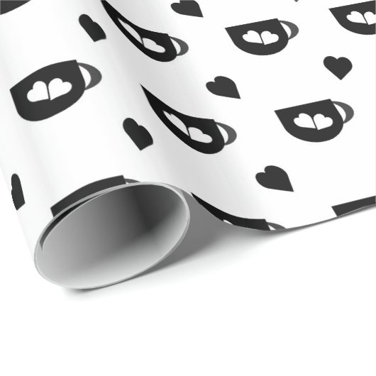schwarzes Kaffeetassen-Muster mit schwarzen Herzen Geschenkpapier (Rolleneckpunkt)