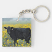 Schwarzes Kalb in einem Feld der Sonnenblumen Schlüsselanhänger (Rückseite)