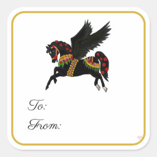 Schwarzes Karussell-Pegasus-Geschenketikett-Aufkle Quadratischer Aufkleber