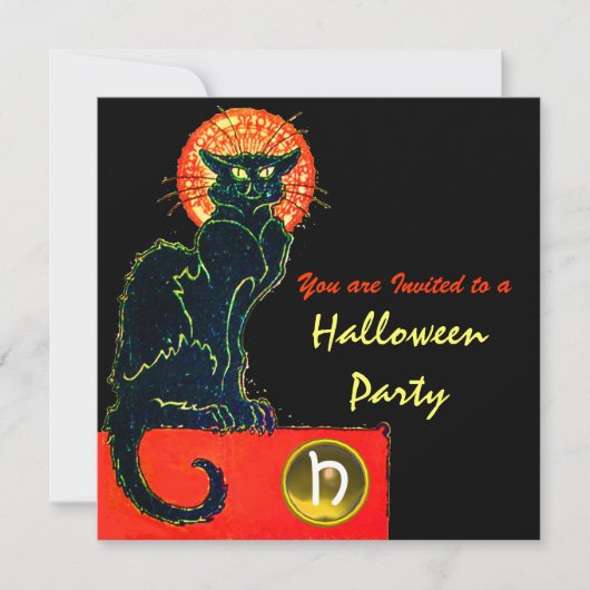 SCHWARZES KATZ-HALLOWEEN-PARTY-MONOGRAMM EINLADUNG (Vorderseite)
