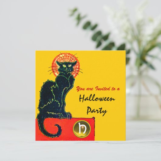 SCHWARZES KATZ-HALLOWEEN-PARTY-MONOGRAMM EINLADUNG (Stehend Vorderseite)