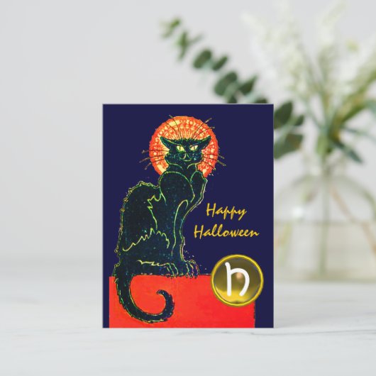 SCHWARZES KATZ-HALLOWEEN-PARTY-MONOGRAMM EINLADUNGSPOSTKARTE (Stehend Vorderseite)