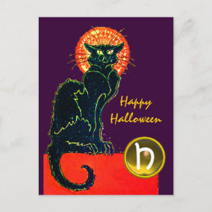 SCHWARZES KATZ-HALLOWEEN-PARTY-MONOGRAMM EINLADUNGSPOSTKARTE