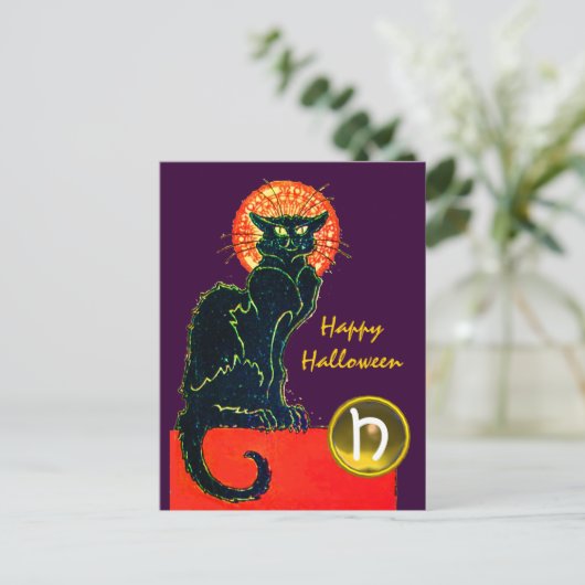 SCHWARZES KATZ-HALLOWEEN-PARTY-MONOGRAMM EINLADUNGSPOSTKARTE (Stehend Vorderseite)