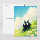 Schwarzes Kätzchen auf sonniger Gänseblümchen-Wild Postkarte (Vorne/Hinten)