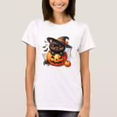 Schwarzes Kätzchen im Halloween-Kürbis T-Shirt (Vorderseite)