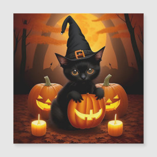 Schwarzes Kätzchen in Hexenhut zwischen Halloween- Magnetkarte
