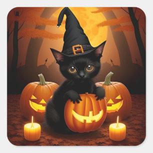 Schwarzes Kätzchen in Hexenhut zwischen Halloween- Quadratischer Aufkleber