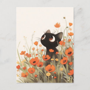 Schwarzes Kätzchen in Orange Mohn Wildblumenwiese Postkarte