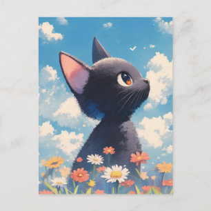 Schwarzes Kätzchen in Sommertaulandschaft mit Gäns Postkarte