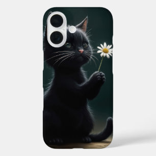 Schwarzes Kätzchen mit einer weißen Margerite iPhone 16 Hülle