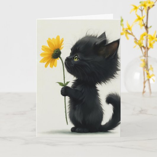 Schwarzes Kätzchen mit gelber Daisy Karte (Gelbe Blume)