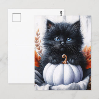 Schwarzes Kätzchen mit weißem Kürbis Halloween Postkarte