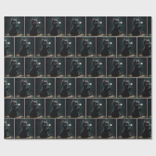 Schwarzes Kätzchen mit weißer Daisy Geschenkpapier (Flach)