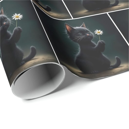 Schwarzes Kätzchen mit weißer Daisy Geschenkpapier (Rolleneckpunkt)