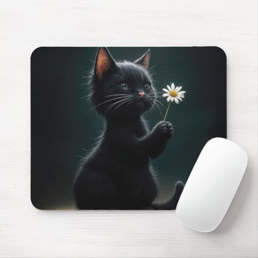 Schwarzes Kätzchen mit weißer Daisy Mousepad (Mit Mouse)