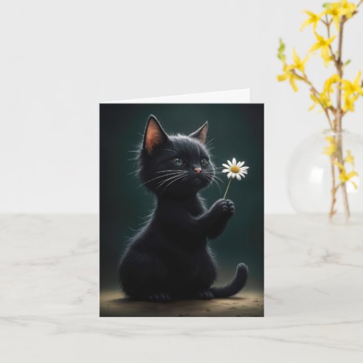 Schwarzes Kätzchen mit weißer Daisy-Note Karte (Gelbe Blume)