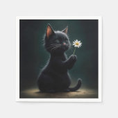 Schwarzes Kätzchen mit weißer Daisy Serviette (Vorderseite)