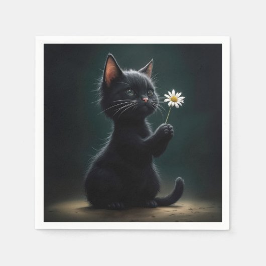 Schwarzes Kätzchen mit weißer Daisy Serviette (Vorderseite)