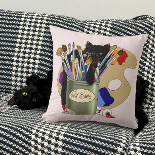 Schwarzes Kätzchen Pinselglas Künstler Katze Rosa Kissen
