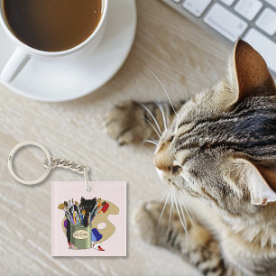 Schwarzes Kätzchen Pinselglas Künstler Katze Rosa Schlüsselanhänger