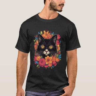 Schwarzes Kätzchen umgeben von Blumen im Garten de T-Shirt