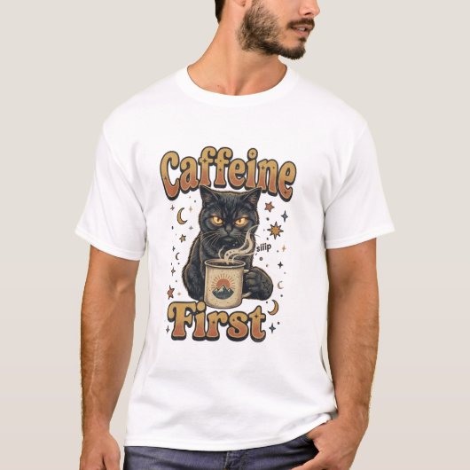 Schwarzes Katze Fantasy Krieger T-Shirt (Vorderseite)