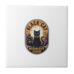 Schwarzes Katze Halloween-Shirt Vintage Midnight C Fliese