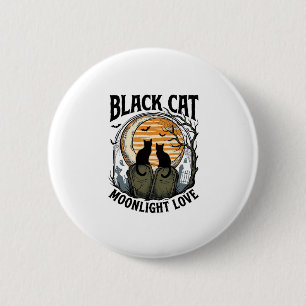 Schwarzes Katze Halloween-Shirt Vintage Mond Fried Button