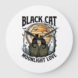 Schwarzes Katze Halloween-Shirt Vintage Mond Fried Große Wanduhr