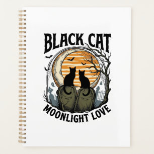 Schwarzes Katze Halloween-Shirt Vintage Mond Fried Planer