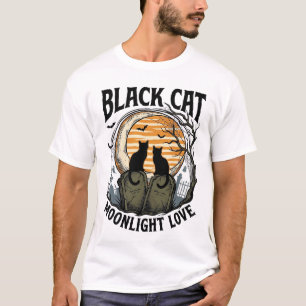 Schwarzes Katze Halloween-Shirt Vintage Mond Fried T-Shirt