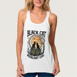 Schwarzes Katze Halloween-Shirt Vintage Mond Fried Tank Top