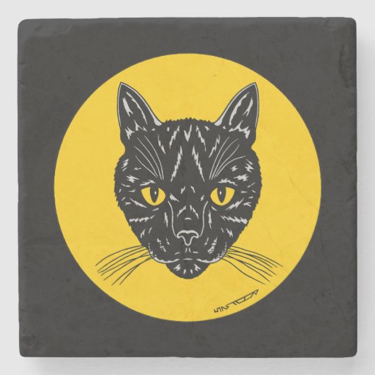Schwarzes Katzen Gesicht Steinuntersetzer (Vorderseite)