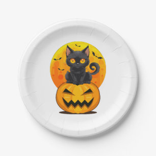Schwarzes Katzen-Kürbis-Halloween-Kostüm Pappteller