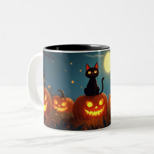 Schwarzes Katzen-Kürbisfeld Zweifarbige Tasse