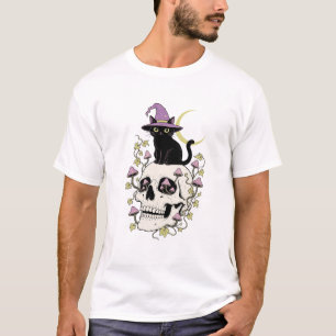 Schwarzes Katzen-Schädel-Blumen-Halloween-T-Shirt T-Shirt
