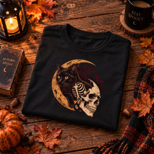 Schwarzes Katzen-Skelett-Totenkopf-Mond-Halloween T-Shirt