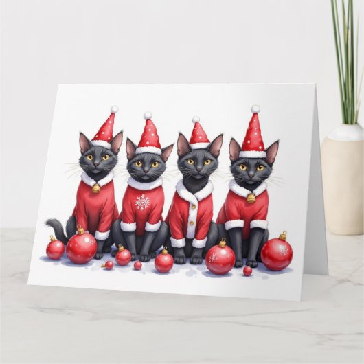 Schwarzes Katzen-Weihnachtskleid mit Santa-Hut Karte (Vorderseite)