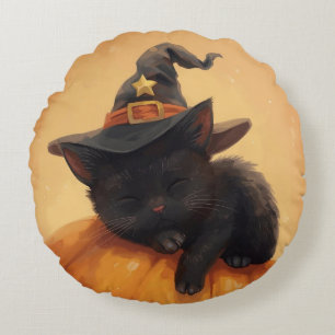 Schwarzes KatzenHalloween Rundkissen Rundes Kissen