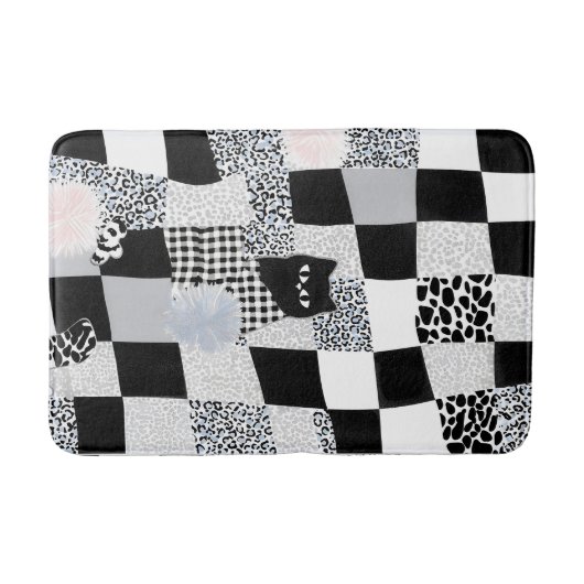 Schwarzes Katzenmuster Gingham gemischtes Karomust Badematte (Vorderseite)