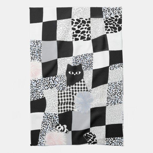 Schwarzes Katzenmuster Gingham gemischtes Karomust Geschirrtuch (Vertikal)