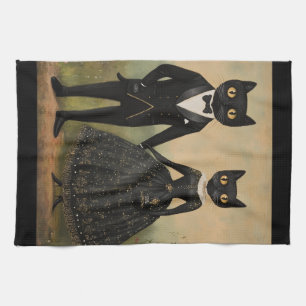 Schwarzes Katzenpaar Vintage-Folk-Art Gothic vikto Geschirrtuch